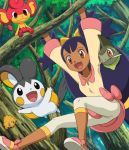  1girl :d anime_coloring axew big_hair brown_eyes dark_skin emolga forest hanging iris_(pokemon) joltik mouth_hold nature open_mouth pansear pokemoa pokemon pokemon_(creature) pokemon_(game) pokemon_bw purple_hair smile tree_branch 