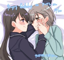  2girls bang_dream! bang_dream!_it&#039;s_mygo!!!!! black_hair blue_shirt brown_eyes closed_mouth commentary_request couple dated gift_art grey_hair hand_on_another&#039;s_cheek hand_on_another&#039;s_face holding_hands long_hair lying multiple_girls on_side pajamas satoshi_(peso727) shiina_taki shirt short_hair takamatsu_tomori violet_eyes yuri 