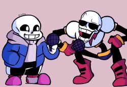  2021 2boys 2d armor artist_name black_shorts blue_jacket blue_shorts boots brothers brown_background digital_media duo friday_night_funkin' friday_night_funkin'_(style) full_body gloves hand_on_own_knee height_difference holding holding_microphone hollow_eyes hood hood_down hooded_jacket humanoid jacket kutumen male male_focus male_only microphone monster monster_boy multiple_boys open_clothes open_jacket open_mouth papyrus_(undertale) parody pink_slippers purple_hood purple_socks purple_sweater red_boots red_gloves red_scarf red_socks sans_(undertale) scarf shorts siblings simple_background single_vertical_stripe skeleton slippers socks squatting standing striped_shorts style_parody sunglasses sweater teeth two-tone_socks undead undertale utdr_(toby_fox) vertical-striped_clothes vertical-striped_shorts white_armor white_stripes 