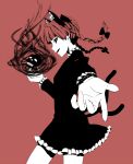  animal_ears black_eyes bow braid cat_ears cat_tail extra_ears foreshortening hair_bow kaenbyou_rin looking_at_viewer monochrome moro_(eiyu) multiple_tails open_mouth pointing red_hair redhead short_hair simple_background skull smile solo tail touhou twin_braids 