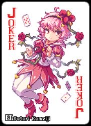  1girl alternate_costume black_hairband card closed_mouth commentary flower full_body greenapple_(g_apple0511) hairband hat heart jester_cap joker_(playing_card) komeiji_satori layered_sleeves long_sleeves looking_at_viewer messy_hair pantyhose pink_flower pink_hair pink_rose pink_shoes pink_skirt pixel_art playing_card red_eyes rose shirt shoes short_hair short_over_long_sleeves short_sleeves simple_background skirt smile solo third_eye touhou white_background white_pantyhose white_shirt 