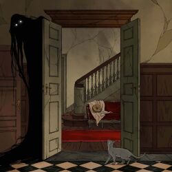 1other abigail_larson absurdres broken_wall carpet cat couch creature doorway glowing glowing_eyes grey_cat hiding highres long_hair open_door original scenery silhouette stairs standing throw_pillow tile_floor tiles very_long_hair wainscoting wooden_floor 