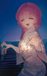  1girl alcohol_carton bocchi_the_rock! closed_eyes commentary fireworks hashtag-only_commentary highres hiroi_kikuri holding holding_carton holding_fireworks japanese_clothes kimono long_hair night open_mouth outdoors purple_hair sharp_teeth shihnji282 solo sparkler teeth white_kimono 
