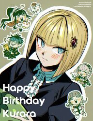  1boy 4girls ^_^ birthday_cake black_dress black_hair black_hairband black_hakama black_haori black_jacket blonde_hair blue_eyes blue_hair braid cake cape chibi closed_eyes commentary copyright_name dress eye_print eyepatch face_piercing film_grain food gem gem_hair_ornament gift grey_background grey_hair grey_kimono grin hairband hakama hakama_pants haori happy_birthday hat heart highres holding holding_gift holding_party_popper jacket japanese_clothes kimono kirifuji_nozomi labret_piercing light_blush long_hair looking_at_another looking_at_viewer magadori_kyoshika mihen mojiro_moko multicolored_hair multiple_girls nigou_(hundred_line) omokage_yugamu oosuzuki_kurara outline pants party_popper piercing ponytail print_eyepatch red_cape red_gemstone red_hat shirt short_hair smile the_hundred_line_-last_defense_academy- white_outline white_shirt 