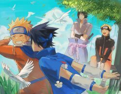  2boys age_progression arms_behind_back bird black_hair black_headband blonde_hair blue_shirt closed_eyes crossed_arms detached_sleeves facial_mark falling_leaves grin headband highres jumpsuit leaf light_smile male_focus multiple_boys naruto_(series) naruto_shippuuden open_mouth orange_jumpsuit popped_collar running sevenlistening shirt short_hair smile spiky_hair teeth uchiha_sasuke under_table upper_body uzumaki_naruto whisker_markings white_sleeves 