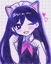  1girl ;d animal_ear_hairband animal_ears bare_arms black_sweater_vest blush bright_pupils cat_ear_hairband cat_ears collared_shirt colored_skin commentary_request dot_nose double-parted_bangs fake_animal_ears flat_chest grey_background grid_background hair_between_eyes hairband hands_up hatching_(texture) headdress heart highres long_hair looking_at_viewer mari_(headspace)_(omori) mari_(omori) neckerchief official_alternate_costume omori one_eye_closed open_mouth outline paw_pose pink_neckerchief purple_hair purple_outline shirt short_sleeves simple_background smile solo straight_hair sweater_vest tongue upper_body uuuu_myu violet_eyes white_hairband white_headdress white_pupils white_shirt white_skin 