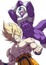  2boys abs absurdres alien anger_vein battle blonde_hair blue_sash clenched_hand clenched_teeth colored_skin cooler_(dragon_ball) dragon_ball dragon_ball_z dutch_angle green_eyes highres horang4628 looking_at_another looking_back male_focus motion_lines multiple_boys muscular muscular_male orange_pants pants purple_skin sash scratches son_goku speed_lines spiky_hair super_saiyan super_saiyan_1 teeth topless_male torn_clothes wristband 