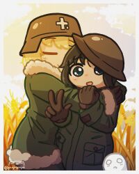  2girls :d absurdres artist_name black_gloves black_hair blonde_hair blue_eyes brodie_helmet chito_(shoujo_shuumatsu_ryokou) closed_eyes clouds cloudy_sky coat combat_helmet fur-trimmed_coat fur_trim gloves green_coat helmet highres hug military_uniform multiple_girls nuko_(shoujo_shuumatsu_ryokou) puipopayo shoujo_shuumatsu_ryokou sky smile stahlhelm sunset w wheat_field yuuri_(shoujo_shuumatsu_ryokou) 