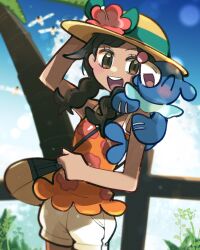  1girl :d ^_^ bag black_hair blue_fur brown_eyes closed_eyes floral_print flower hat hat_flower highres looking_at_another on_shoulder open_mouth orange_tank_top outdoors palm_tree pink_nose pokemon pokemon_(creature) pokemon_on_shoulder pokemon_usum popplio red_flower sea_lion selene_(pokemon) shorts shoulder_bag smile sstoh standing sun_hat tank_top tree white_shorts wingull yellow_hat 
