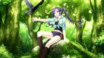  akatsuki-works and animal bird boots forest game_cg long_hair necklace ponytail renjou_yae saeki_hokuto tree 
