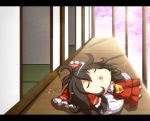  ascot beni_shake black_hair bow cherry_blossoms chibi closed_eyes detached_sleeves drooling eyes_closed hair_bow hair_tubes hakurei_reimu lens_flare letterboxed long_hair lying miko on_back open_door open_mouth outstretched_arms petals porch shirt skirt skirt_set sleeping solo tatami touhou tree veranda 