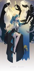  1girl absurdres angel_wings black_dress black_gloves character_name commentary dizzy_(guilty_gear) dress eclipse english_commentary eyelashes flower from_side front_slit gloves guilty_gear guilty_gear_strive hair_between_eyes hair_flower hair_ornament hand_in_another's_hair high_heels highres kwang_(nakwangg) lips long_hair looking_at_viewer necro_(guilty_gear) queen_dizzy ribbon shaded_face sidelocks solo sun sunlight swept_bangs tail tail_ornament tail_ribbon undine_(guilty_gear) upper_body wings yellow_ribbon 