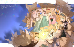  1girl absurdres alternate_costume animal_ears arknights blonde_hair blue_dress blue_hairband blue_ribbon braid braided_hair_rings cardigan chinese_commentary closed_mouth commentary_request dated dress fox_ears fox_girl fox_tail frilled_hairband frills goggles goggles_on_head green_eyes green_skirt grey_hoodie hair_rings hairband happy_birthday highres hood hood_down hoodie japanese_clothes kimono kitsune kyuubi long_sleeves multiple_persona multiple_tails neck_ribbon official_alternate_costume open_mouth orange_dress orange_hairband pinafore_dress pink_kimono red_hairband red_ribbon ribbon shio_(shiofeifei) shirt skirt sleeveless sleeveless_dress sparkle suzuran_(arknights) suzuran_(let&#039;s_carnival!)_(arknights) suzuran_(lostlands_flowering)_(arknights) suzuran_(spring_praise)_(arknights) suzuran_(yukibare)_(arknights) tail thigh-highs twin_braids twintails white_shirt white_thighhighs yellow_cardigan 