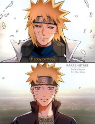  2boys artist_name black_headband black_jacket black_sclera blue_shirt breaking colored_sclera commentary english_commentary english_text facial_mark father_and_son fishnet_top fishnets grey_eyes happy_birthday headband highres jacket kakashiitake light_smile looking_at_another male_focus multiple_boys namikaze_minato naruto_(series) parted_lips sharp_teeth shirt short_hair tearing_up tears teeth torn_clothes turtleneck upper_body uzumaki_naruto whisker_markings 