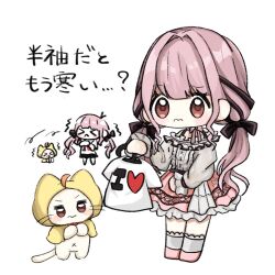  &gt;_&lt; 1210_neno 1girl ahoge animal ankle_socks barefoot belt black_belt black_ribbon black_skirt blunt_bangs bow bow_choker bowtie bra_strap buttons cat center_frills chibi choker cloak closed_mouth clothed_animal clothes_hanger clothes_writing cold commentary_request crossed_arms ear_covers eyelashes frilled_shirt frilled_skirt frilled_sleeves frills frown grey_socks hair_bow hair_intakes hair_ribbon hand_on_lap heart heart_print holding holding_clothes_hanger holding_unworn_clothes hood hood_up hooded_cloak infinity_nikki lace-trimmed_socks layered_skirt light_blush long_hair long_sleeves looking_at_object low_twintails medium_skirt momo_(nikki) multiple_views navel nervous nikki_(nikki) nikki_(series) off-shoulder_shirt off_shoulder own_hands_together perfect_start_(infinity_nikki) pink_bow pink_bowtie pink_choker pink_hair pink_shoes pink_skirt pleated_skirt print_shirt print_skirt puffy_long_sleeves puffy_sleeves red_bow red_bowtie ribbon see-through_clothes see-through_sleeves shirt shoes simple_background single_stripe skirt sleeves_past_wrists snowflake_print snowflakes socks striped_bow striped_bowtie striped_clothes t-shirt tareme translation_request trembling tress_ribbon twintails v-shaped_eyebrows very_long_hair wavy_mouth whiskers white_background white_cat white_shirt white_skirt yellow_cloak 