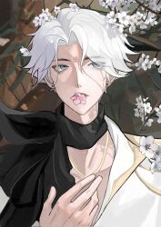  1boy aegyo_sal black_scarf blue_eyes branch cherry_blossoms cherry_tree collared_shirt curtained_hair dappled_sunlight earrings epaulettes expressionless flower flower_over_mouth hand_on_own_chest highres jewelry looking_to_the_side luro_cassel male_focus nice_(to_be_hero_x) painterly partially_open_shirt scarf shirt short_hair solo stud_earrings sunlight to_be_hero to_be_hero_x white_hair white_shirt 