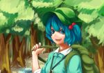  1girl backpack bag blue_eyes blue_hair bust forest hair_bobbles hair_ornament hat kawashiro_nitori key looking_at_viewer nature open_mouth short_hair smile solo touhou twintails 
