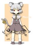  animal_ears basket character_name child dowsing_rod flat_gaze gem grey_hair hecchi_(blanch) jewelry loafers mouse mouse_ears mouse_tail nazrin necklace pendant pink_eyes shadow shirt shoes short_hair silver_hair skirt skirt_set socks solo standing tail tail_hold touhou vest white_legwear 