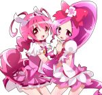  antenna_hair blush choker color_connection cure_blossom cure_happy dress frills hanasaki_tsubomi hand_holding head_wings heartcatch_precure! holding_hands hoshizora_miyuki long_hair magical_girl multiple_girls no_nose payu_(arucure) pink pink_dress pink_eyes pink_hair ponytail precure puffy_sleeves shiny shiny_skin skirt smile smile_precure! tiara twintails white_background wrist_cuffs 