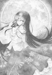 1girl absurdres bamboo_print blush bow bowtie branch closed_mouth collared_shirt commentary_request frilled_shirt_collar frilled_skirt frills full_moon greyscale highres holding holding_branch houraisan_kaguya jeweled_branch_of_hourai long_hair long_sleeves looking_at_viewer monochrome moon moon_print print_shirt print_skirt sasami_(shiroi_fuwafuwa) shirt skirt smile solo touhou very_long_hair wide_sleeves 