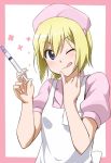  :p ;q blonde_hair blue_eyes blush border bust erica_hartmann hat looking_at_viewer nurse nurse_cap pinky_out short_hair smile solo strike_witches syringe tongue wink youkan 