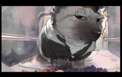  1boy annoyed arknights black_hair black_jacket closed_mouth cosplay derivative_work english_commentary eyebrow_piercing face_piercing grey_fur highres jacket looking_at_viewer meme mr._fresh multicolored_hair pet_food piercing pluto_(pu94_d1de4c) spot_(arknights) spot_(arknights)_(cosplay) staring streaked_hair 