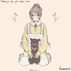  1girl :o artist_name bear blush brown_eyes brown_hair commentary commission dot_nose english_text flower frills hair_bun hair_ornament hairclip highres karasane03 original overalls parallel_hairclips shirt shoes short_hair sidelocks simple_background sitting skeb_commission solo wariza white_overalls yellow_shirt yellow_shoes 