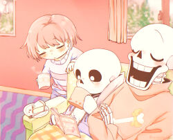  1other 2022 2boys 2d ambiguous_gender blanket blue_jacket blue_shirt blue_shirts bone_print book brothers brown_hair cacaonibs00 closed_eyes couch crossed_arms cup curtains digital_media drink drinking floor food fork frisk_(undertale) height_difference holding holding_book holding_cup holding_drink hollow_eyes hood hood_down hooded_jacket horizontal-striped_clothes human humanoid indoors jacket living_room male monster monster_boy mug multiple_boys open_clothes open_jacket open_mouth orange_sweater papyrus_(undertale) pie pink_stripes plate sans_(undertale) shirt short_hair shorts siblings sitting skeleton slice_of_pie striped_clothes striped_shirt sweater teeth trio two-tone_shirt u_u undead undertale utdr_(toby_fox) white_hood white_shirt window 