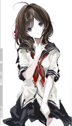  1girl ahoge amatsutsumi art_program_in_frame black_sailor_collar black_skirt blue_eyes brown_hair cowboy_shot hair_intakes hand_on_lap hand_on_own_chin hand_up head_tilt highres invisible_chair looking_at_viewer medium_hair minazuki_hotaru_(amatsutsumi) miniskirt neckerchief parted_bangs parted_lips procreate_(medium) procreate_(software) red_neckerchief sailor_collar sailor_shirt school_uniform serafuku shirt short_sleeves side_part simple_background sitting sketch skirt sleeve_cuffs solo summer_uniform thinking toqha3247 untucked_shirt white_background white_shirt 