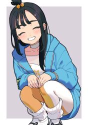  1girl absurdres black_hair blue_hoodie blush closed_eyes cube_hair_ornament earclip facing_viewer furukawa_raku hair_ornament highres hood hood_down hoodie leggings lida_(pokemon) long_hair long_sleeves open_mouth orange_leggings pokemon pokemon_legends:_z-a ribbed_socks shirt simple_background smile socks solo squatting teeth topknot two-tone_legwear white_leggings wispy_bangs 
