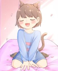  1other 2023 2d ambiguous_gender animal_ears arm_support blue_shirt brown_hair brown_socks brown_tail cacaonibs00 cat_ears cat_tail child closed_eyes digital_media double_horizontal_stripe frisk_(undertale) gradient_background horizontal-striped_clothes human kemonomimi_mode open_mouth other_focus own_hands_together petals pink_background pink_petals pink_stripes shirt short_hair shorts simple_background sitting socks solo striped_clothes striped_shirt tail two-tone_background two-tone_shirt undertale utdr_(toby_fox) uwu wariza white_background 