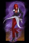  1boy androgynous belt crescent_moon fire hair_over_one_eye king_of_fighters male ml.e moon purple_fire realistic red_hair redhead snk solo yagami_iori 