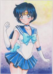  1girl absurdres back_bow bishoujo_senshi_sailor_moon blue_background blue_bow blue_bowtie blue_choker blue_eyes blue_hair blue_sailor_collar blue_skirt blush bow bowtie chikoto_(kztc4472) choker circlet closed_mouth collarbone commentary elbow_gloves gloves hand_up highres looking_at_viewer magical_girl mizuno_ami parted_bangs pleated_skirt sailor_collar sailor_mercury sailor_senshi_uniform short_hair skirt smile solo traditional_media white_gloves 