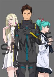  1boy 2girls blonde_hair blue_eyes blue_hair brown_hair capelet closed_mouth dress earrings gigi_andalusia gundam gundam_hathaway's_flash hathaway_noa jewelry long_hair looking_at_viewer multiple_girls nail_polish official_art onda_naoyuki quess_paraya sample_watermark simple_background skirt triangle_earrings twintails watermark white_dress 