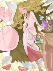  1girl ;o caitlin_(pokemon) cup dress fork green_eyes hat highres long_hair long_sleeves mayotsunamayo one_eye_closed open_mouth pink_dress pokemon pokemon_bw pouring shoes solo spoon teacup teapot telekinesis twitter_username unworn_hat unworn_headwear unworn_shoes very_long_hair yawning 