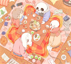  1girl 1other 2022 2boys 2d ambiguous_gender animal animal_ears annoying_dog anthro barefoot basket black_shirt blue_jacket blue_pants blue_shirt bone book bowl box brothers brown_hair cacaonibs00 child chopsticks crayon cup cushion digital_media dog drawing_(object) drink droopy_ears fangs female floor floppy_ears food frisk_(undertale) from_above fruit furry furry_female game_console game_controller goat goat_ears goat_girl goat_horns grey_hood handheld_game_console height_difference holding holding_chopsticks holding_ladle hollow_eyes hood hood_down hooded_jacket horizontal-striped_clothes horns hotpot human humanoid indoors jacket kotatsu ladle magazine_(object) male mammal monster monster_boy monster_girl multiple_boys mushroom nintendo_switch on_floor open_clothes open_jacket orange_(fruit) orange_sweater pants paper papyrus_(undertale) pillow pink_stripes plate pot red_ribbon red_scarf ribbon rice rock sans_(undertale) scarf scissors shirt short_hair siblings sitting skeleton sleeping sleeping_animal striped_clothes striped_shirt sweater tea teeth tissue tissue_box toriel two-tone_shirt undead undertale utdr_(toby_fox) vegetable white_dog white_fur white_horns yarn_ball zzz 