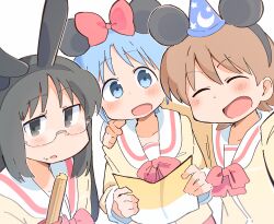  3girls aioi_yuuko animal_ear_hairband animal_ears black_eyes black_hair blue_eyes blue_hair blue_hat bow bowtie brown_hair closed_eyes collarbone disney fake_animal_ears glasses hair_bow hairband hand_on_another's_shoulder hat highres holding holding_churro holding_paper long_hair looking_at_viewer mickey_mouse_ears minakami_mai mini_hat minnie_mouse_ears mouse_ears multiple_girls naganohara_mio nichijou open_mouth paper rabbit_ears red_bow red_bowtie sailor_collar school_uniform semi-rimless_eyewear serafuku sidelocks simple_background tokisadame_school_uniform white_background white_sailor_collar wichimi wizard_hat yellow_serafuku 