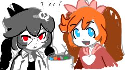 2girls :d :o ashley_(warioware) ashley_(warioware)_(cosplay) black_hair blue_eyes braid braids bucket candy child coat cosplay costume_switch female female_child glasses hair_ornament halloween headband lab_coat long_sleeves looking_at_viewer lowres minus8 multiple_girls open_mouth orange_hair penny_crygor penny_crygor_(cosplay) red_eyes red_shirt red_sleeves simple_background sketch skull_hair_ornament trick_or_treat twin_braids twintails warioware white_background white_coat white_sleeves