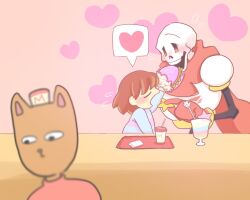  1other 2018 2boys 2d 716fluffybunny ambiguous_gender animal_ears anthro armor blue_shirt blue_shorts blurry blurry_foreground brown_fur brown_hair burger burgerpants cape cat cat_boy cat_ears child cup digital_media double_horizontal_stripe drink drinking_glass drinking_straw expressionless feeding feeding_another food frisk_(undertale) furry furry_male glamburger gloves hat heart height_difference holding_food horizontal-striped_clothes human humanoid male mammal mini_hat monster monster_boy multiple_boys open_mouth papyrus_(undertale) pink_stripes red_background red_cape red_gloves red_shirt shirt short_hair shorts simple_background skeleton spoken_heart starfait_(undertale) striped_clothes striped_shirt teeth tray trio two-tone_shirt undead undertale utdr_(toby_fox) white_armor 