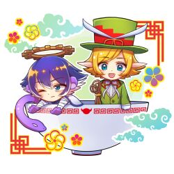  2boys animal_ears blonde_hair blue_eyes bowl chibi colored_skin commentary_request green_hat green_suit halo hat in_bowl in_container m.o.t.h.e.r. male_focus maou-jou_de_oyasumi medium_hair multiple_boys pointy_ears purple_hair purple_skin ranchu000 red_hat scissors scissors_sorceror smile snake suit two-tone_hat 