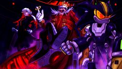 1girl 2boys absurdres aged_up alternate_design animal_ears animal_nose anthony_art_stf bald black_dress blue-tinted_eyewear digital_dissolve dr._eggman dress facial_hair furry furry_male glitch gloves goggles grin hair_over_one_eye highres jacket long_sleeves looking_at_viewer mechanical_legs metal_sonic_3.0 multicolored_hair multiple_boys mustache pointy_nose red_eyes red_hair robot round_eyewear sage_(sonic) shoes smile sonic_(series) sonic_frontiers sonic_rivals_(series) teeth tinted_eyewear wallpaper white_facial_hair