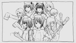  1boy 6+girls :d amamiya_(sakusei_byoutou) artificial_vagina bandaged_arm bandages gloves go_go_ghost_ship hair_ornament hands_on_own_face hat headphones highres hiramatsu_(sakusei_byoutou) holding holding_pen holding_stick kashiran kurokawa_(sakusei_byoutou) lab_coat long_hair medium_hair mochizuki_(sakusei_byoutou) multiple_girls nurse nurse_cap ootsuka_(sakusei_byoutou) parody pen ponytail ribbed_shirt sakusei_byoutou sex_toy shirt short_hair short_ponytail sidelocks smile stick straight_hair syringe wavy_hair yamada_(sakusei_byoutou) 