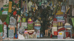  1girl absurdres bag bob_cut box brown_hair bucket building chair closed_eyes clothes_hanger hat highres ladder original plastic_bag plastic_bottle racket rake sandals scenery shadow shirt short_hair shorts shovel sidewalk sitting striped_clothes striped_shirt wang-xi yellow_hat yellow_shorts 