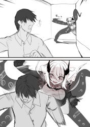  1boy 1girl absurdres akaoni_(zumt3548) around_corner azur_lane black_gloves black_jacket black_skirt blonde_hair breasts brown_eyes chibi collared_shirt commander_(azur_lane) covered_eyes crazy_eyes cross doctor_octopus fleeing gloves grey_shirt hair_between_eyes hair_over_eyes highres horns jacket large_breasts marvel mechanical_horns monochrome motion_lines open_clothes open_collar open_jacket plus_sign red_streaks roon_(azur_lane) running shaded_face shirt short_hair simple_background skirt smile spider-man_(series) tentacles the_exit_8 translation_request white_background wide-eyed 