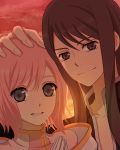  1girl ak0130 black_hair dated estellise_sidos_heurassein grey_eyes hand_on_head hands_together long_hair looking_at_viewer pink_hair smile tales_of_(series) tales_of_vesperia yuri_lowell 