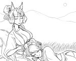  animal_ears bb_(baalbuddy) bb_(pixiv2526006) blush breasts cleavage closed_eyes eyes_closed field flower fox_ears full_moon hair_flower hair_ornament hair_rings hair_up hand_in_hair japanese_clothes kimono kongiku lap_pillow large_breasts leaf leaf_on_head lineart momohime monochrome moon multiple_girls night night_sky obi oboro_muramasa side_slit silver_hair sky sleeping 