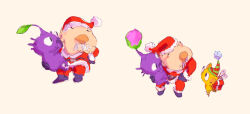  1boy ^_^ belt belt_buckle big_nose black_belt black_boots black_eyes black_gloves boots buckle bud christmas closed_eyes closed_mouth collared_shirt colored_skin commentary creature english_commentary facial_hair fur-trimmed_headwear fur-trimmed_shirt fur_trim gift gloves green_hat hand_on_own_hip happy hat hat_bell holding holding_behind_back holding_creature holding_gift invisible_chair jason_lupas leaf long_sleeves looking_at_another multiple_views mustache no_mouth pants party_hat pikmin_(creature) pikmin_(series) pointy_ears pom_pom_(clothes) president_(pikmin) purple_hair purple_pikmin purple_skin red_hat red_pants red_shirt santa_costume santa_hat shirt short_hair simple_background sitting smile striped_clothes striped_headwear two-tone_hat very_short_hair yellow_background yellow_pikmin yellow_skin 