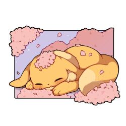  absurdres animal_focus blush brown_fur closed_eyes closed_mouth eevee full_body highres lying no_humans on_stomach petals pokemon pokemon_(creature) pokemon_focus sevi_(seviyummy) sleeping solo 