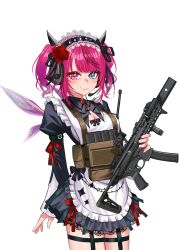  1girl absurdres apron black_dress black_headdress blue_eyes blunt_bangs brooch chrispy_tuna closed_mouth commentary crinoline crystal_wings dress english_commentary frilled_apron frills gun heterochromia highres holding holding_gun holding_weapon hololive hololive_english horns irys_(hololive) irys_(maid)_(hololive) jewelry juliet_sleeves lace-trimmed_collar lace-trimmed_headdress lace_trim long_sleeves looking_at_viewer magazine_(weapon) maid maid_apron official_alternate_costume official_alternate_hairstyle pointy_ears puffy_sleeves purple_hair red_hair short_hair sig_mpx simple_background smile solo standing submachine_gun thigh_strap twintails utility_vest vest violet_eyes virtual_youtuber weapon white_background wings 
