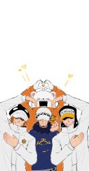  &gt;_&lt; 4boys bear_boy bepo_(one_piece) black_hair black_hat brown_hair closed_mouth coat commentary_request crossed_arms earrings facial_hair furry furry_male goatee grin hamu_ha_umai hat hat_over_eyes heart heart_arms heart_arms_duo heart_hands highres jewelry jumpsuit male_focus multiple_boys one_piece open_mouth orange_jumpsuit penguin_(one_piece) shachi_(one_piece) shaded_face short_hair simple_background smile sunglasses trafalgar_law white_background white_coat white_hat 